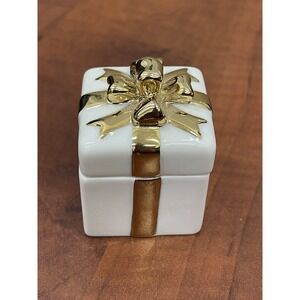 Lenox Porcelain Ivory Gold Ribbon Bow Trinket Engagement Ring Gift Box Keepsake